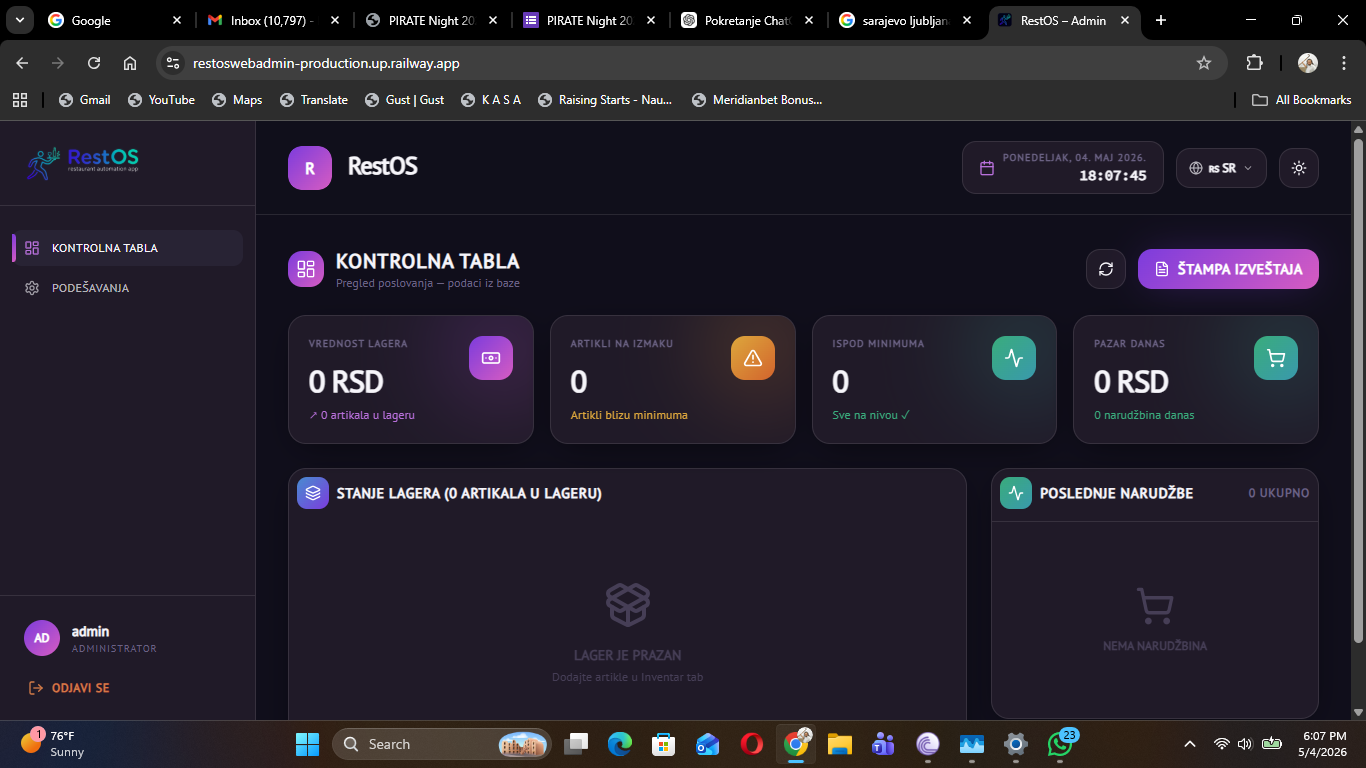 RestOS inventory management dashboard with real-time stock tracking