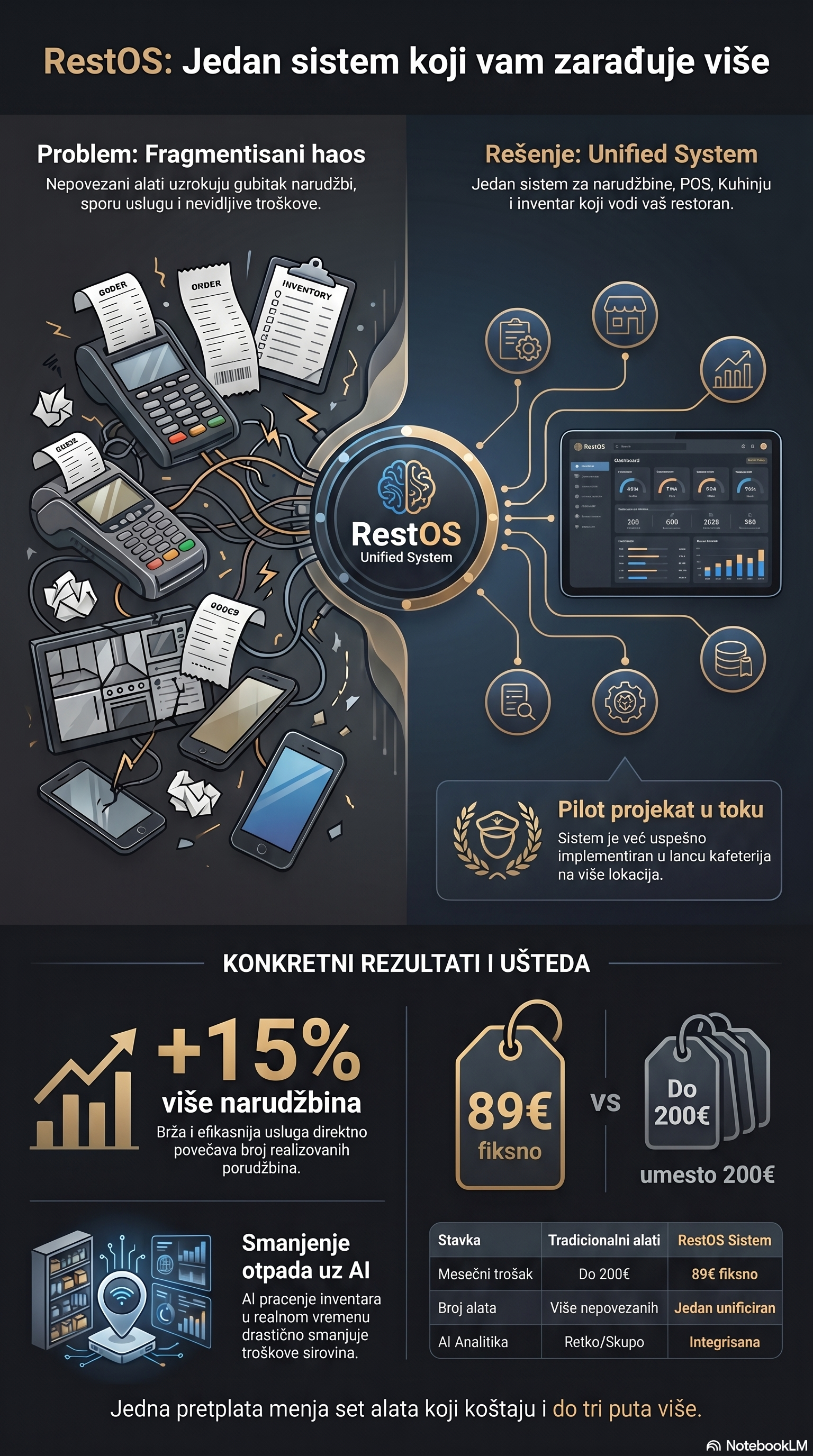Diagram showing fragmented restaurant systems vs unified RestOS platform